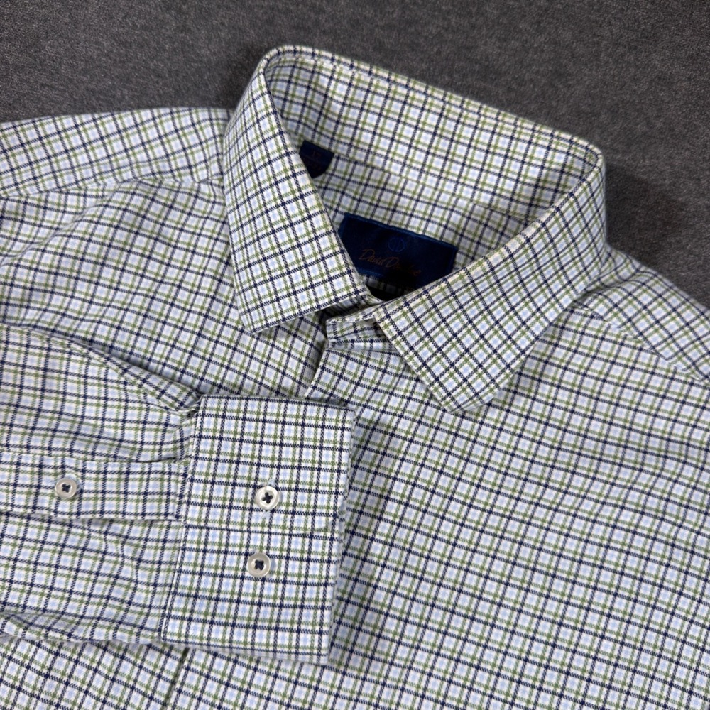 David Donahue Button Up Shirt Mens 17 32/33 Green Blue Plaid Trim Fit Cotton